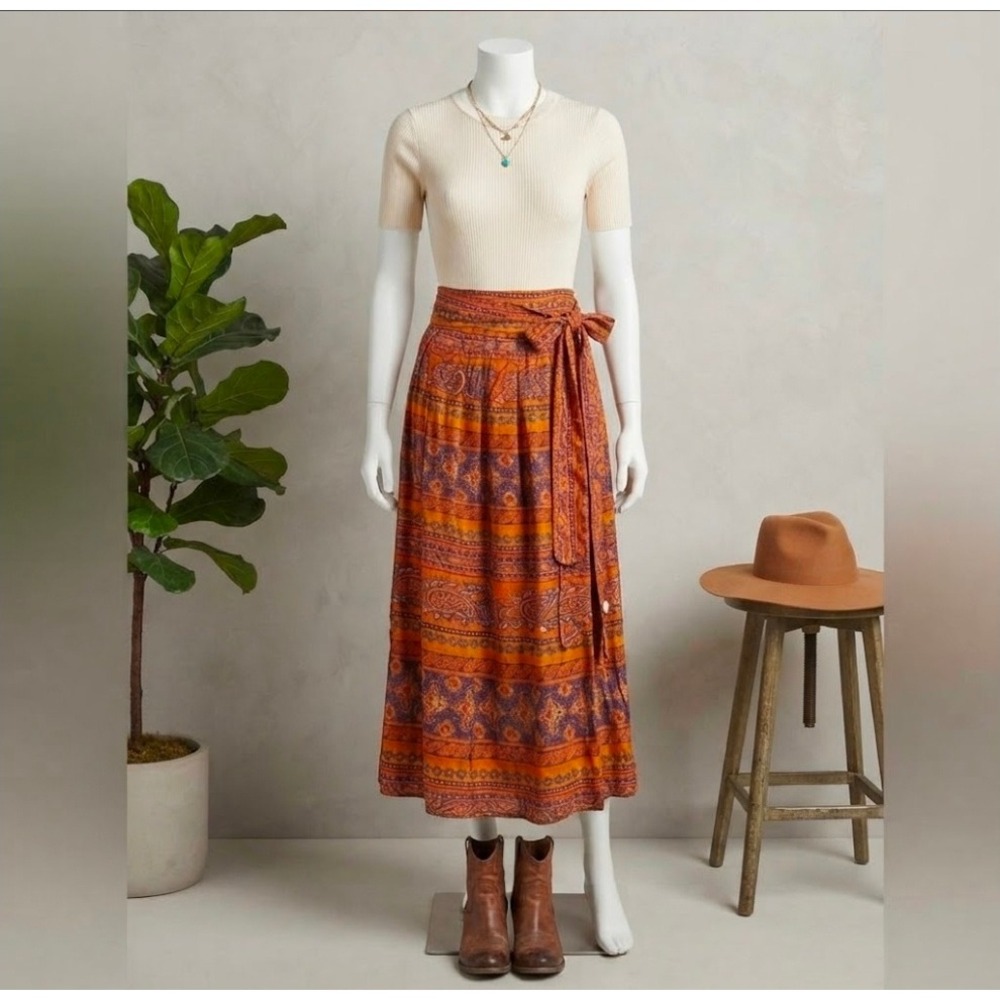 Vintage SK & Company Orange Purple Paisley Boho Linen Blend Coin Belt Midi Skirt